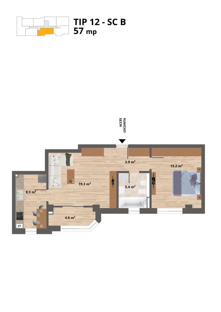 Sun Residence -- Apartament 2 camere - TIP 12 - 57 Mp - Proiect NOU --2