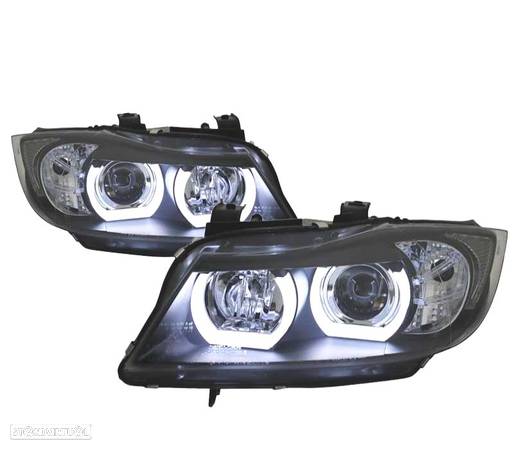 FARÓIS XENON PARA BMW E90 E91 05-08 ANGEL EYES U LED 3D FUNDO PRETO - 4