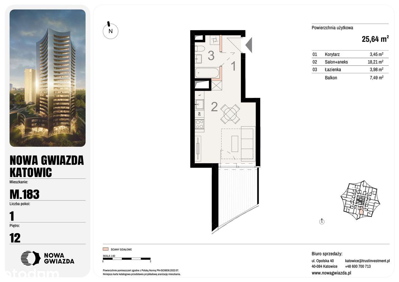 1-pokojowe mieszkanie 25m2 + balkon Bezpośrednio - Pełny obrazek: 2/7