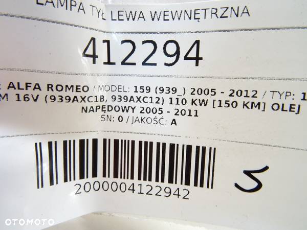 LAMPA TYŁ LEWA WEWNĘTRZNA ALFA ROMEO 159 (939_) 2005 - 2012 1.9 JTDM 16V (939AXC1B, 939AXC12) 110 - 5