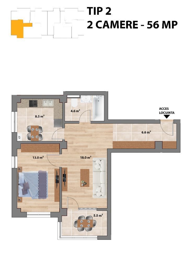 Proiect NOU -- Sun Residence -- Apartament 2 camere - TIP 2 - 57 Mp