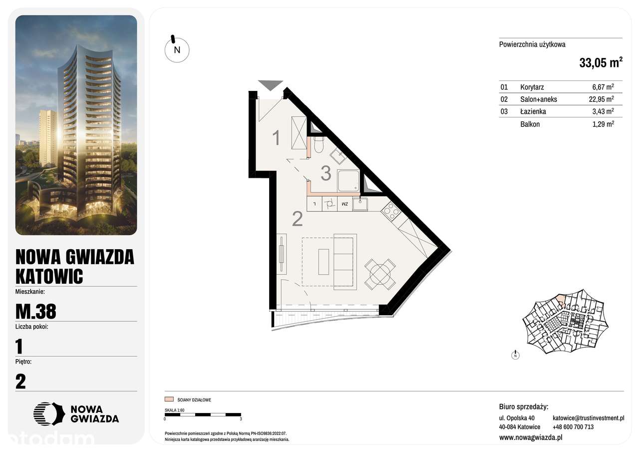 1-pokojowe mieszkanie 33m2 + balkon Bez Prowizji - Pełny obrazek: 2/7
