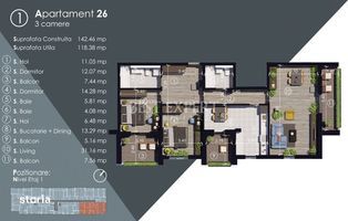 Parcul Teilor Apartament 3 camere decomandate Living 31 mp Bucatarie i