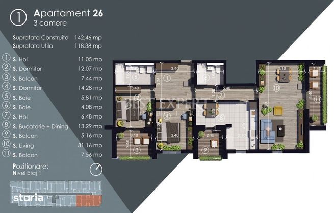 Parcul Teilor Apartament 3 camere decomandate Living 31 mp Bucatarie i