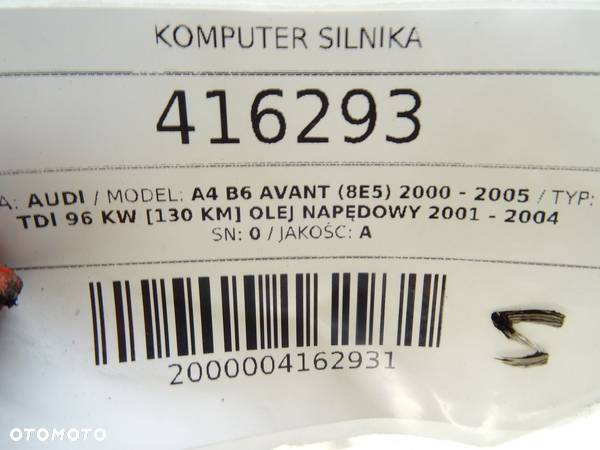 KOMPUTER SILNIKA AUDI A4 B6 Avant (8E5) 2000 - 2005 1.9 TDI 96 kW [130 KM] olej napędowy 2001 - - 4