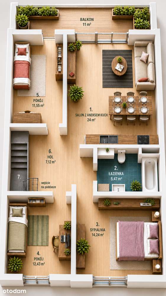 Mieszkanie na piętrze 87 m2 z poddaszem 83 m2 (170 m2) + balkon (lokal 9/2)