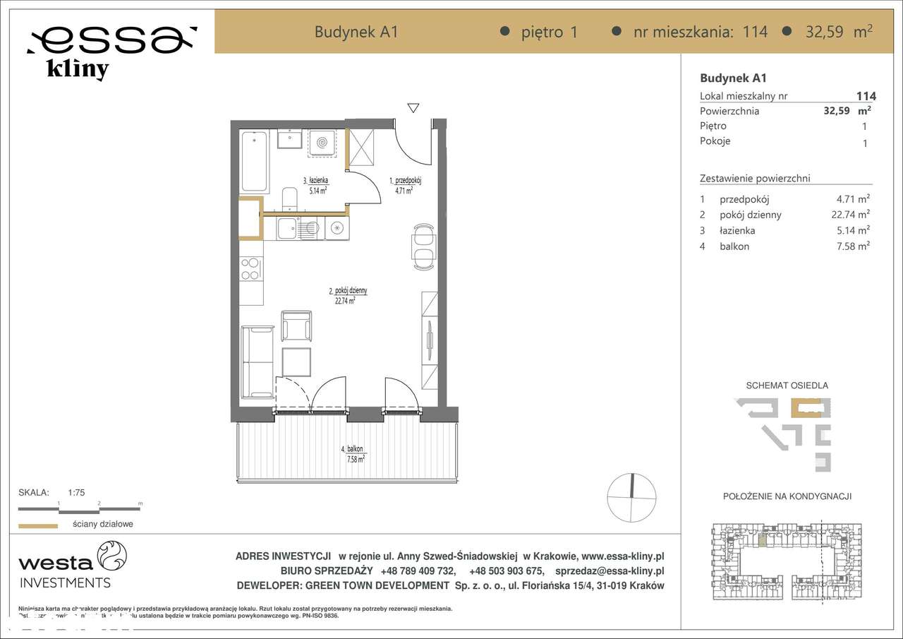 1-pokojowe mieszkanie 32m2 + balkon - Pełny obrazek: 2/7