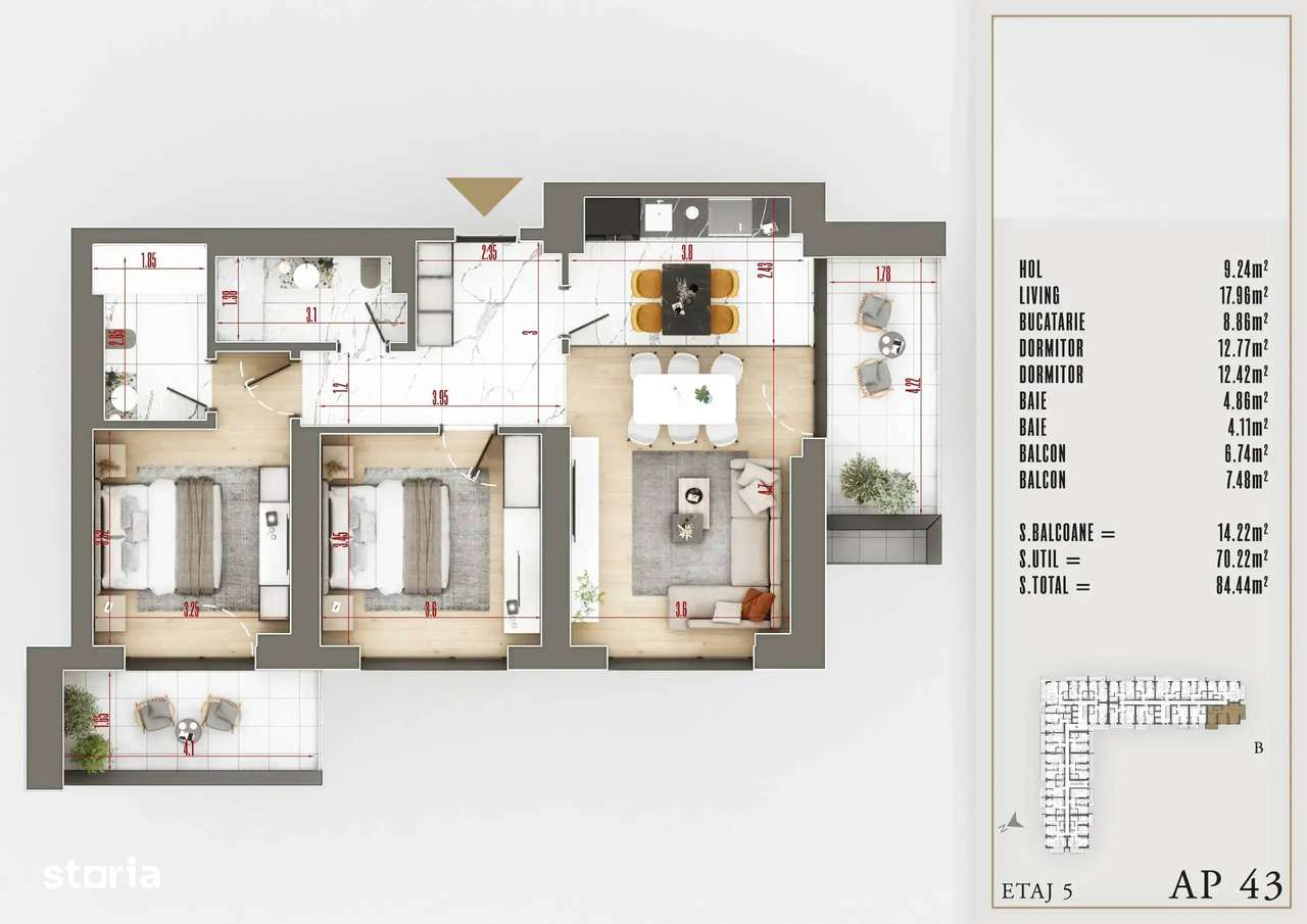 STB 8 Min 3 Camere Upper Premium Izolatie Fonica Spatii Verzi Pallady - Imagine principală: 5/5