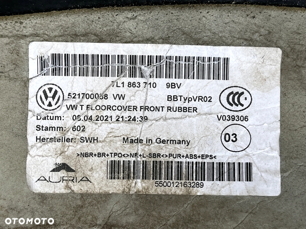 WYKŁADZINA KABINY MATA PODŁOGA GUMA PRZÓD VW T6.1 T6 LIFT TRANSPORTER EUROPA 7L1863710 - 4