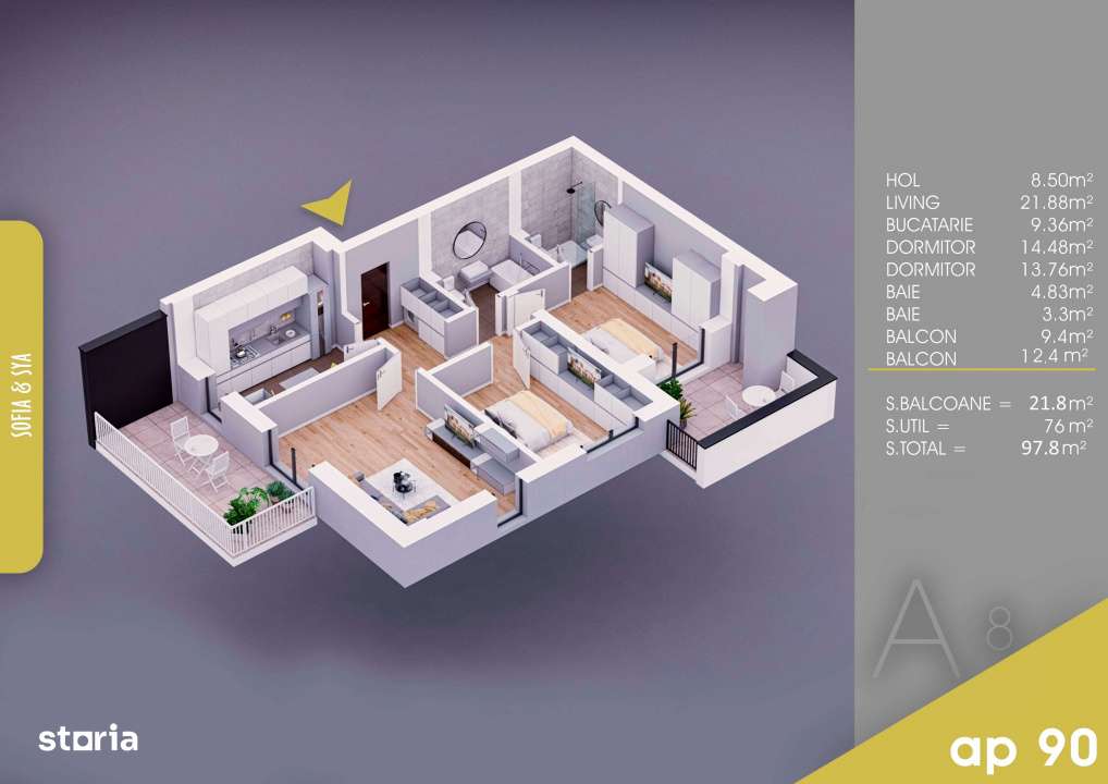 FINALIZAT | metrou | 3 cam, 2 terase, 98 mp, etaj 8/11, an 2025, loc p-18