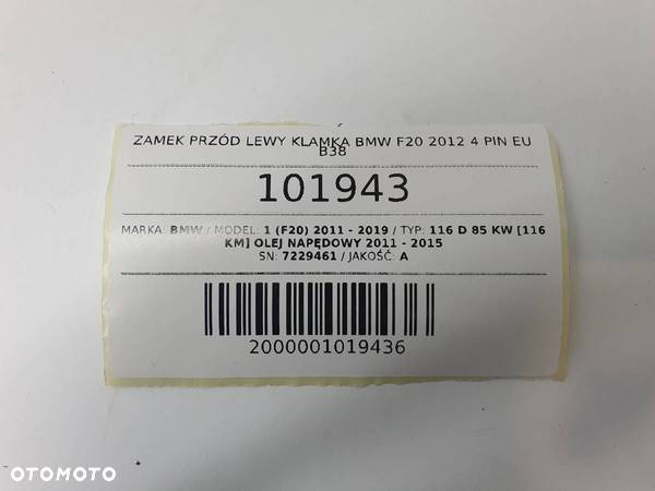 ZAMEK PRZÓD LEWY KLAMKA BMW F20 2012 4 PIN EU B38 - 10