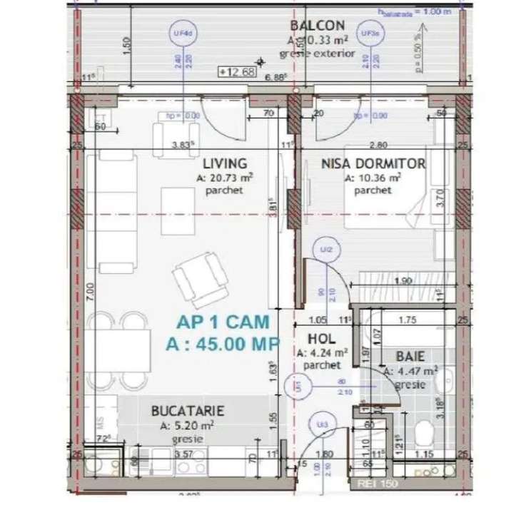 Apartament 2 cam, 45 mp, semifinisat, zona Centrala - Imagine principală: 2/3