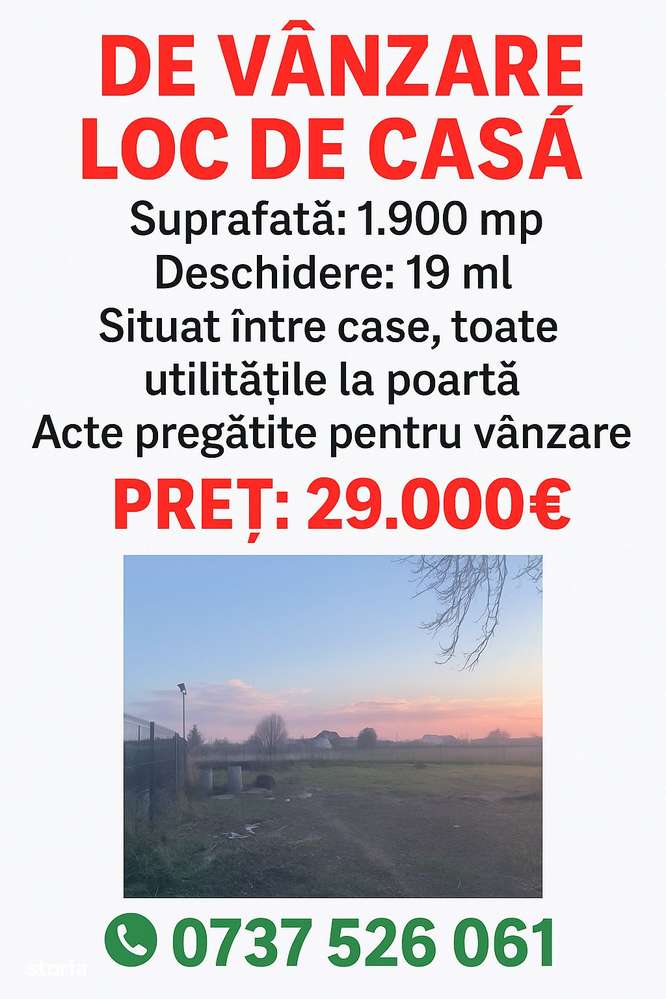 De vanzare loc de casa,  suprafata de 1900 mp, Pret 29.000 euro - Imagine principală: 1/1