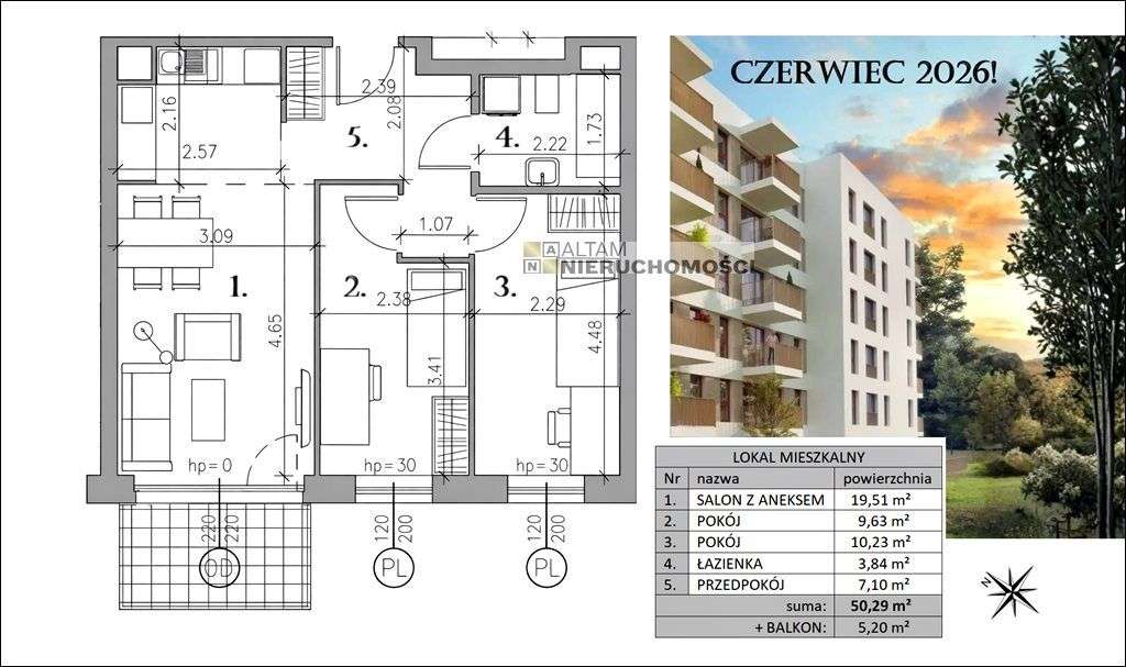 Czerwiec'26 3pok. 50,29m² Balkon 5,20m² 0%-0