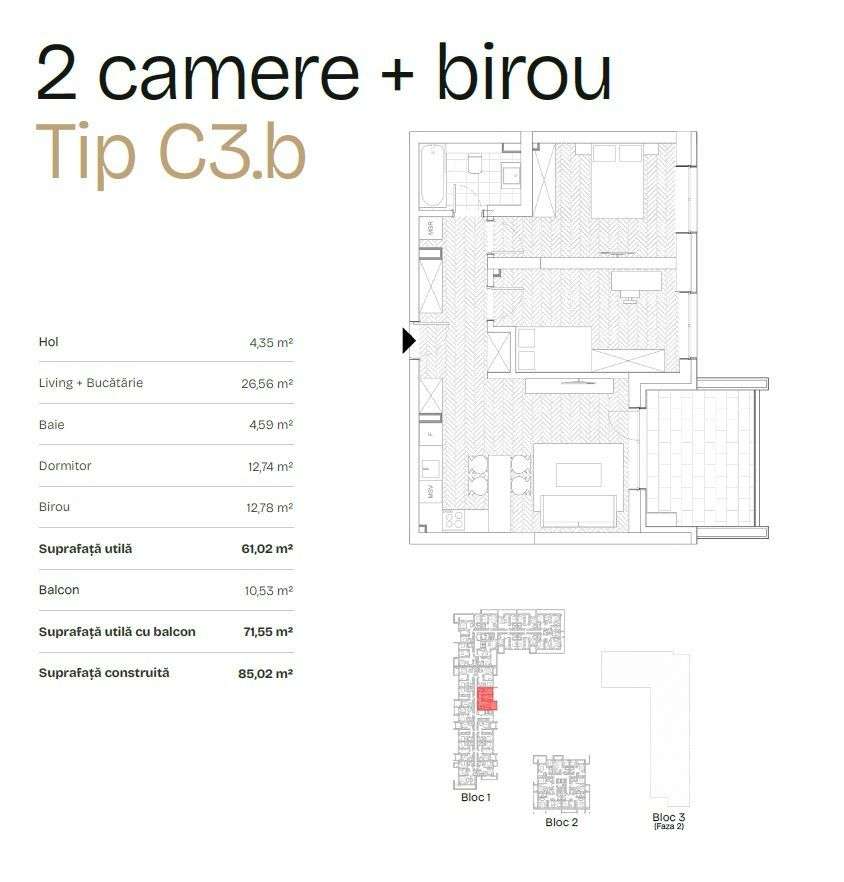 Apartament 2 camere + birou + terasa 10.53mp, Bdul Ghencea