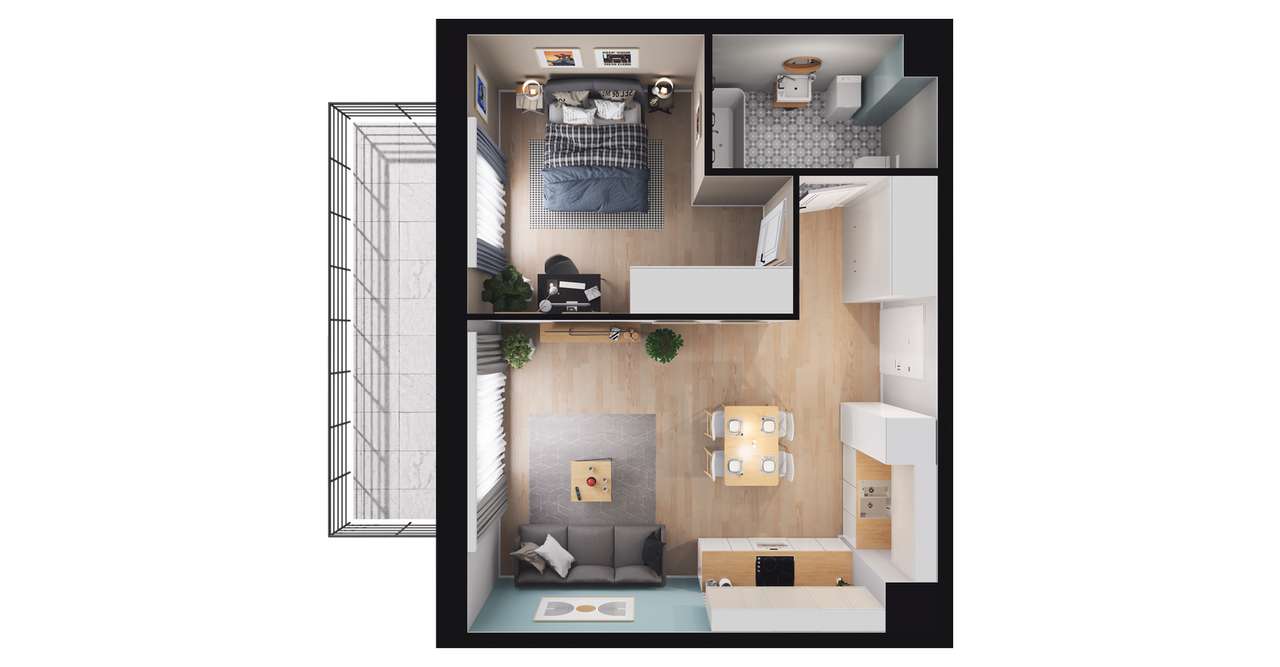 2-pokojowe mieszkanie 42m2 + balkon - Pełny obrazek: 1/8