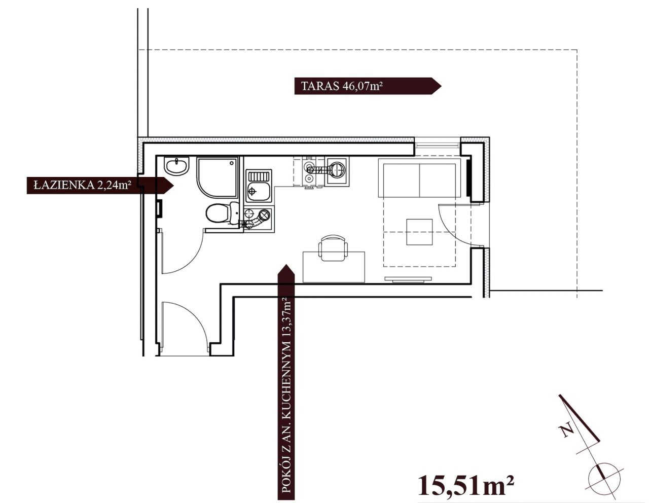 Kawalerka – ul. Klemensiewicza - 15,51 m2 + ogród