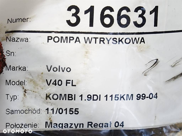 POMPA WTRYSKOWA VOLVO V40 Kombi (645) 1995 - 2004 1.9 DI 85 kW [115 KM] olej napędowy 2000 - 2004 - 6