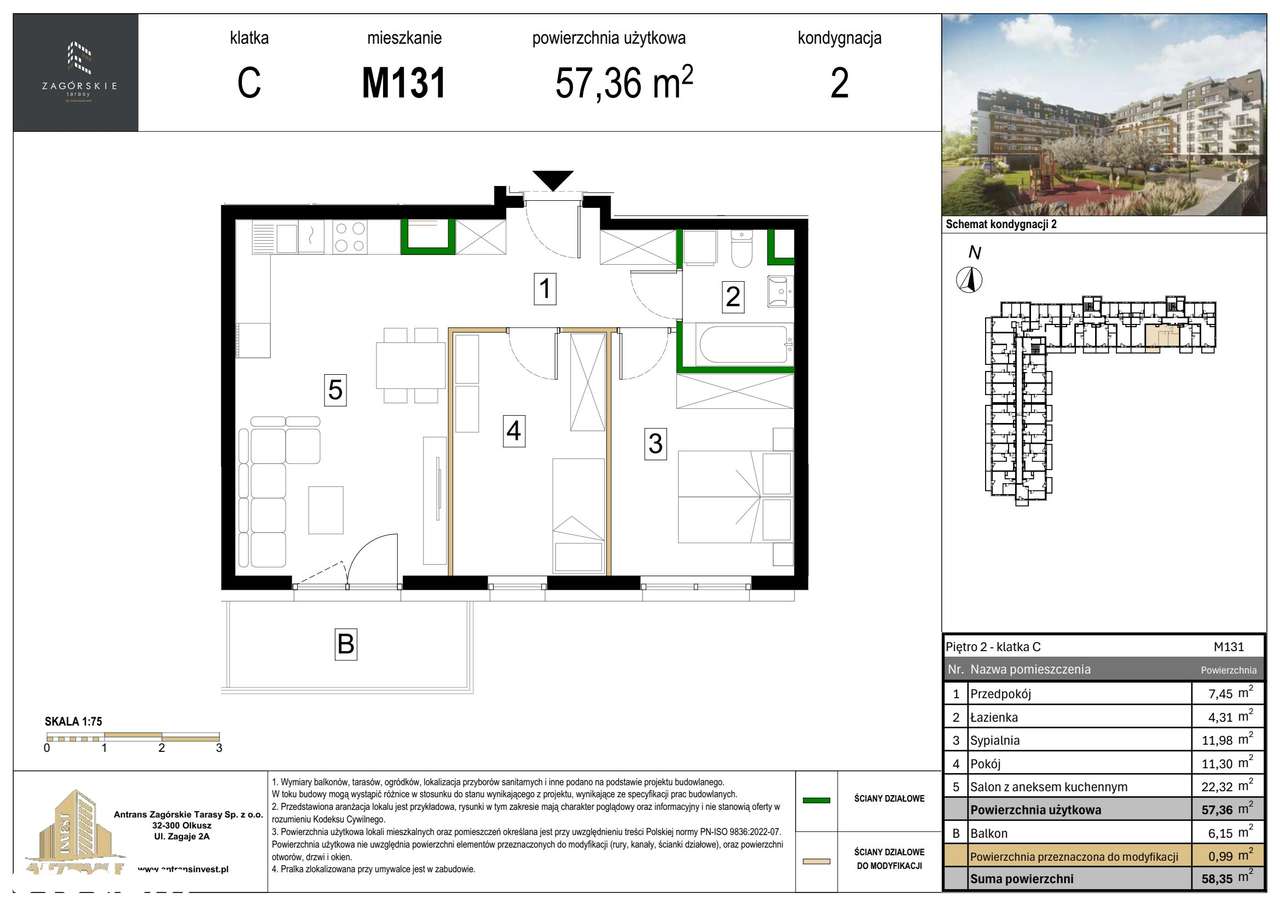 3-pokojowe mieszkanie 57m2 + balkon - Pełny obrazek: 2/8