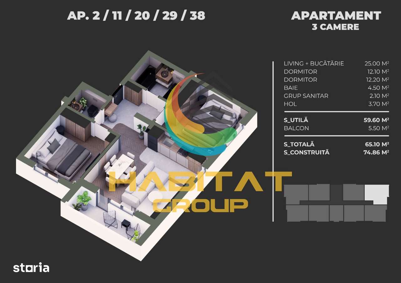 Apartament 3 Camere Sector 4 Grand Arena 65.10Mp - Imagine principală: 2/10