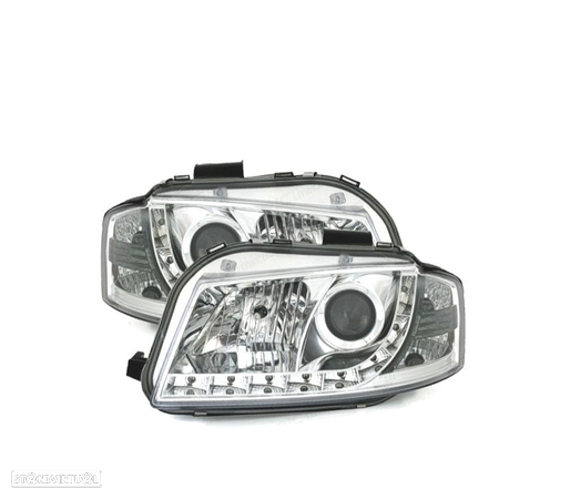 FARÓIS COM LUZ DIURNA LED PARA AUDI A3 8P 03-08 FUNDO CROMADO - 2