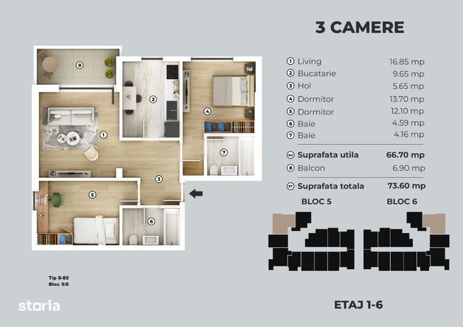 Apartament 3 camere bloc nou metrou