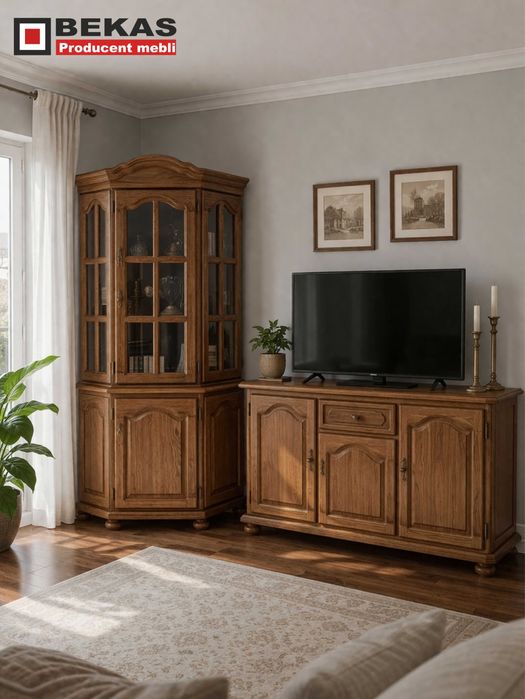 Stylowa Witryna Narożna 70` Dąb orzech Mahoń PRODUCENT Bekas Meble