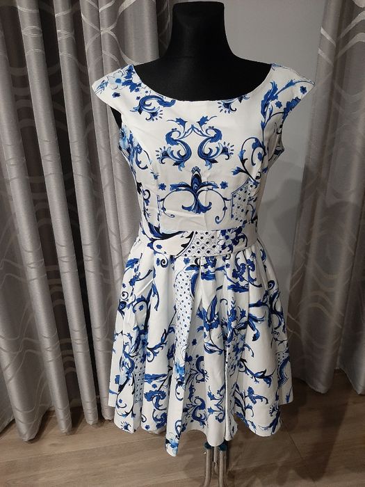 Sukienka wesele 40 biało chabrowa