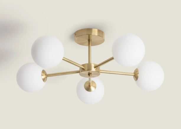 Candeeiro de teto, suspenso, em metal dourado com 5 globos, Novo e embalado