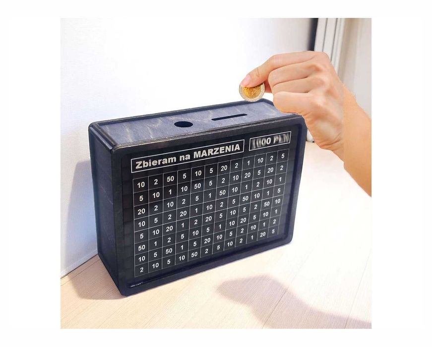 SKARBONKA DREWNIANA Wykreślanka 3 Karty 1000 zł 2000 zł 3000 zł Pisak