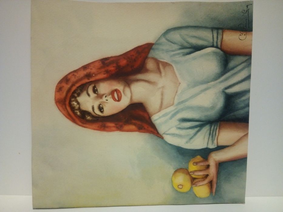 C. Pereira de Lima - antiga aquarela de uma linda mulher com limões