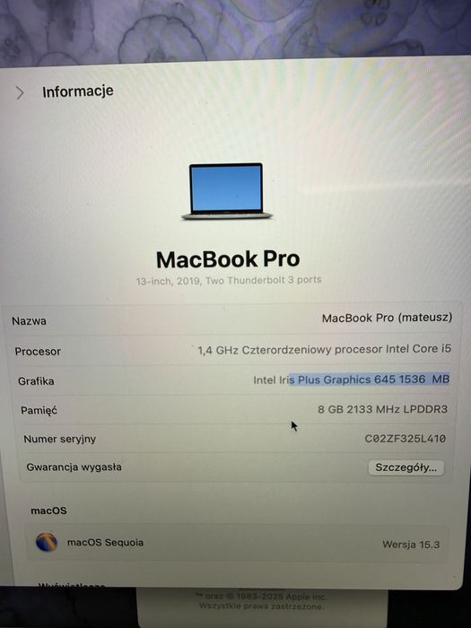Apple Macbook Pro 2019 13 cali 250GB touch bar