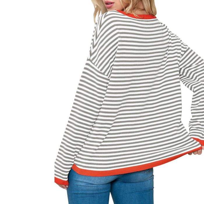 Sweter damski w paski - 100% bawełna - M, szaro-biały