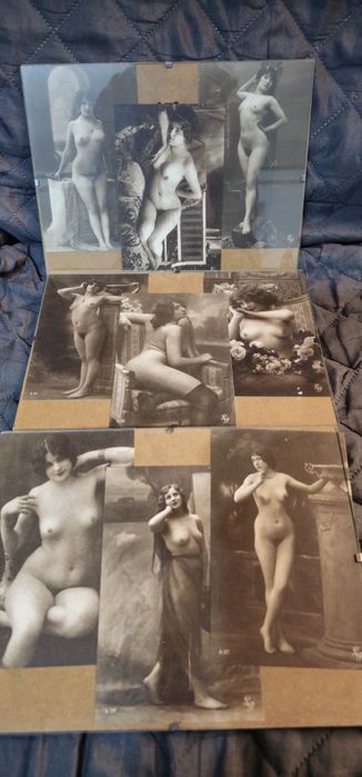 Pocztówki akty vintage okres międzywojenny 9 szt. w 3 antyramach.