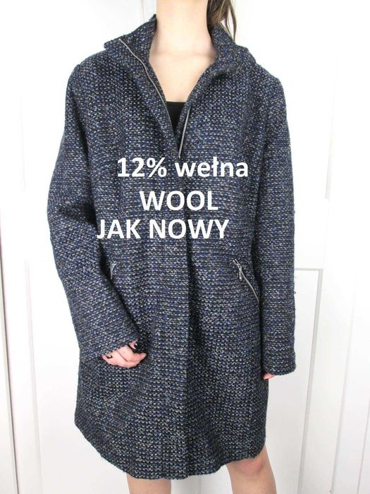 Granatowy wełniany tweedowy płaszcz kurtka 12% wełna 20 3XL 4XL