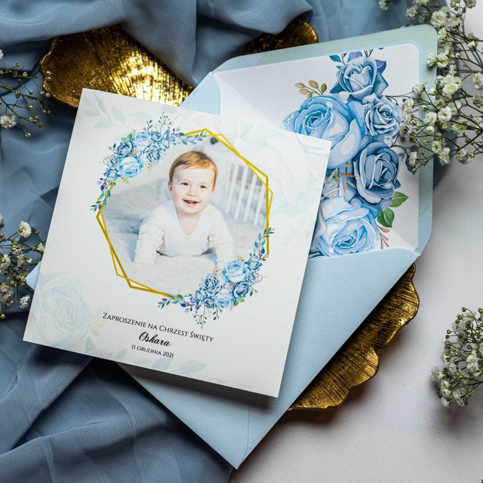 Zaproszenia na chrzest święty ze zdjęciem - błękitne