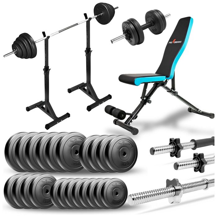 Zestaw do ćwiczeń 133kg z ławeczką stojaki gryf hantle siłownia domowa