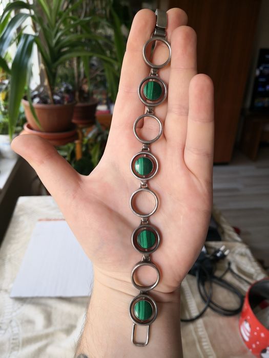 Wielka srebrna bransoletka srebro naturalny malachit  bransoleta