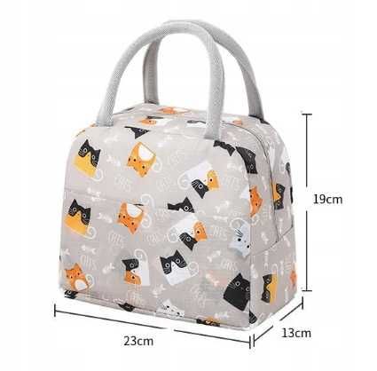 Torba na lunch z kotami torba termiczna motyw kotów szara