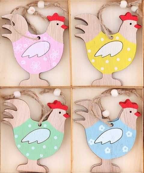 Zawieszka dekoracja wielkanocna wiosenna drewno kury 8szt