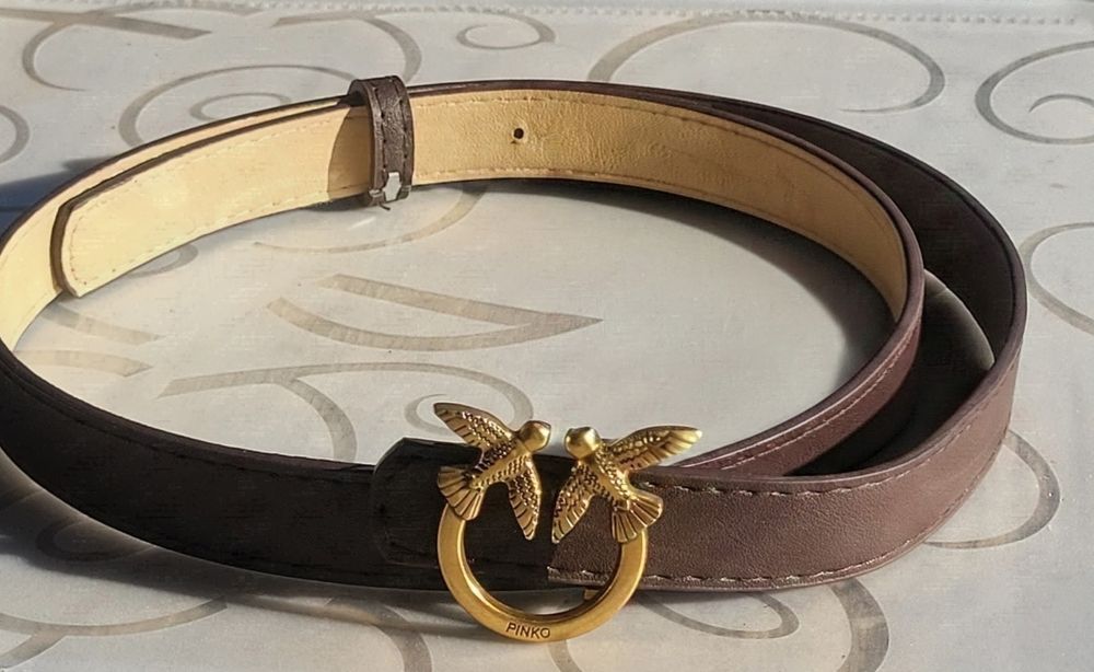 Czekoladowy pasek jaskółki replika Pinko mocna skóra PU 105 cm rozmiar M/L