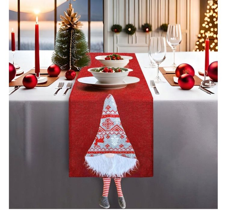 Bieżnik na stół świąteczny z elfem czerwony lniany 34 x 180 cm
