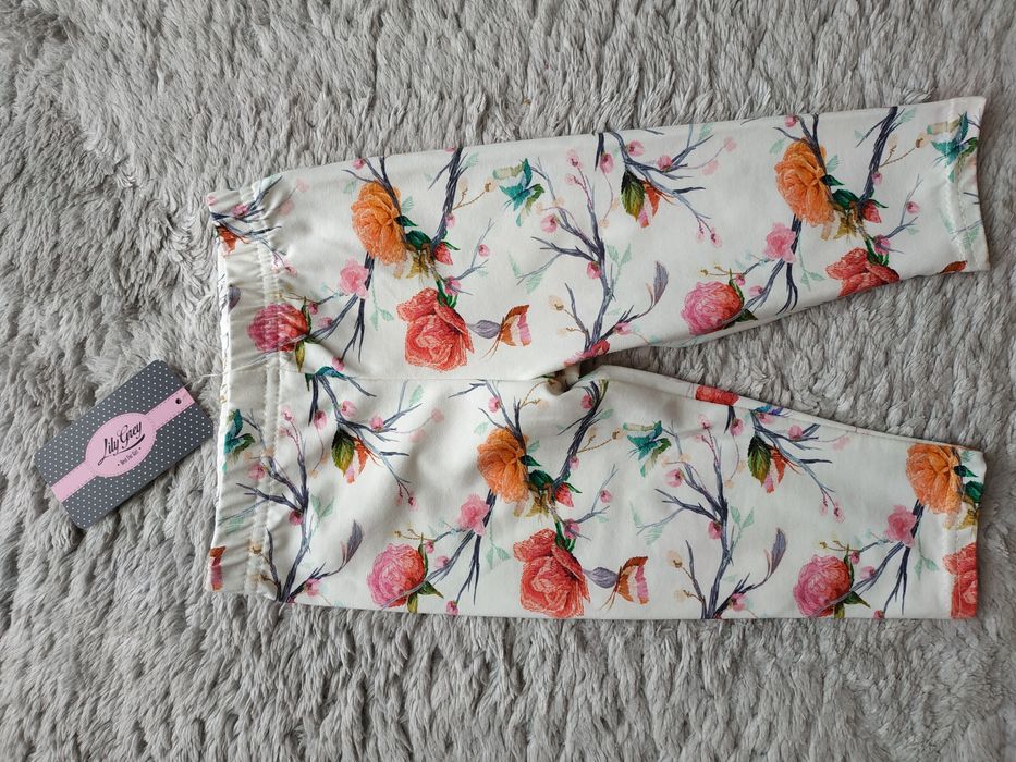 Nowe legginsy 3/4, elastyczne/kwiaty/motyle/prezent/Lily Grey/r.98/104