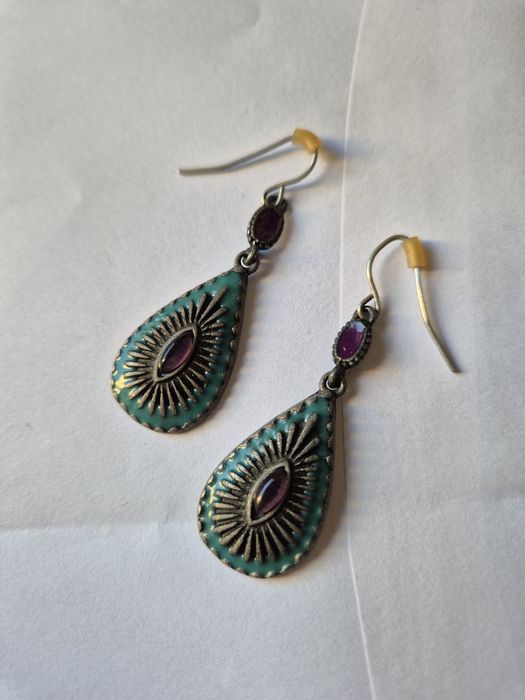 Kolczyki etniczne boho łezki niebiesko fioletowe z metalu