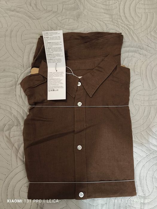 Koszula lniano 58% - bawełniana 42%, brązowa, nowa