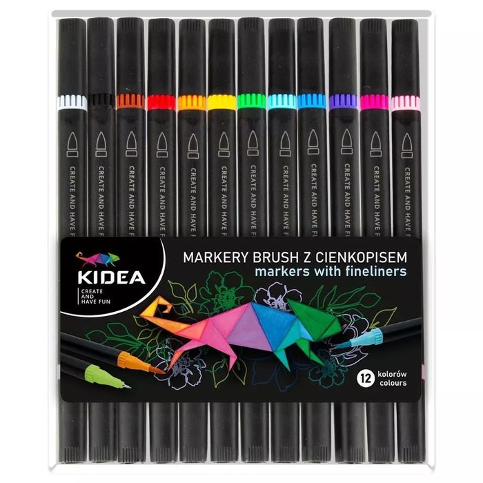 Markery Brush z cienkopisem 12 kolorów KIDEA. Derform. Nowy Produkt