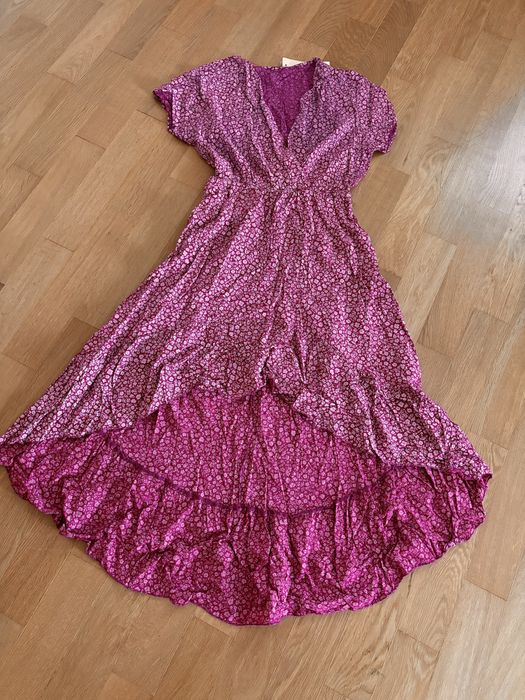 Vestido beringela com flores e folho  em viscose (novo)