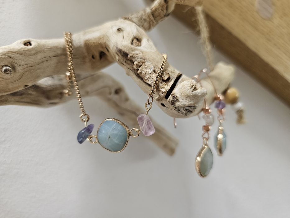 Komplet amazonit ametyst różowe złoto kolczyki i bransoletka