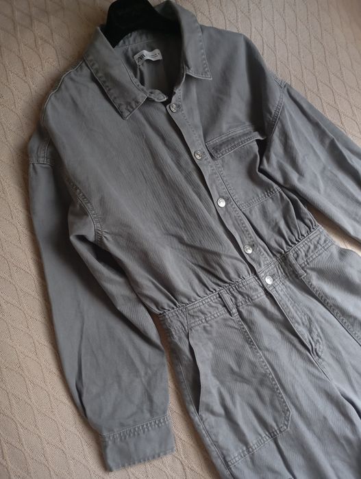 ZARA M szary luźny kombinezon dżinsowy sprany  denim cargo