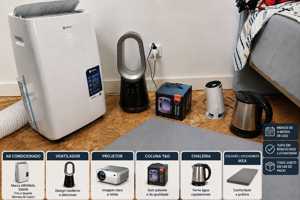 Pack completo para quarto – Ar condicionado 3000W + projetor + coluna + ventilador + chaleira + colchão